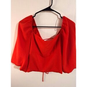 Red Square Neck Off Shoulder Puff 3/4 Sleeve Strap Back Crop Top Women's Size L